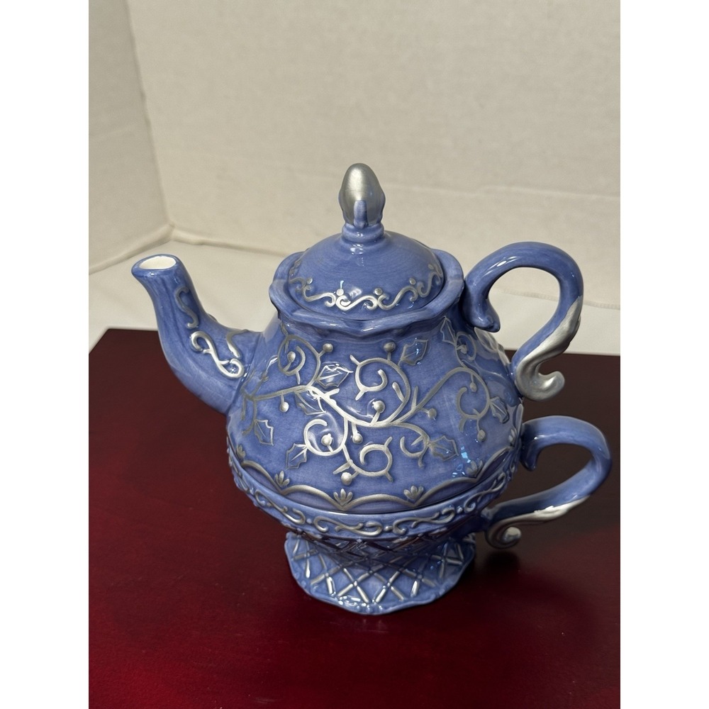 Vintage Tea or Coffee Pot and mug blue Unique Rare Gift Tea Time Season Bright